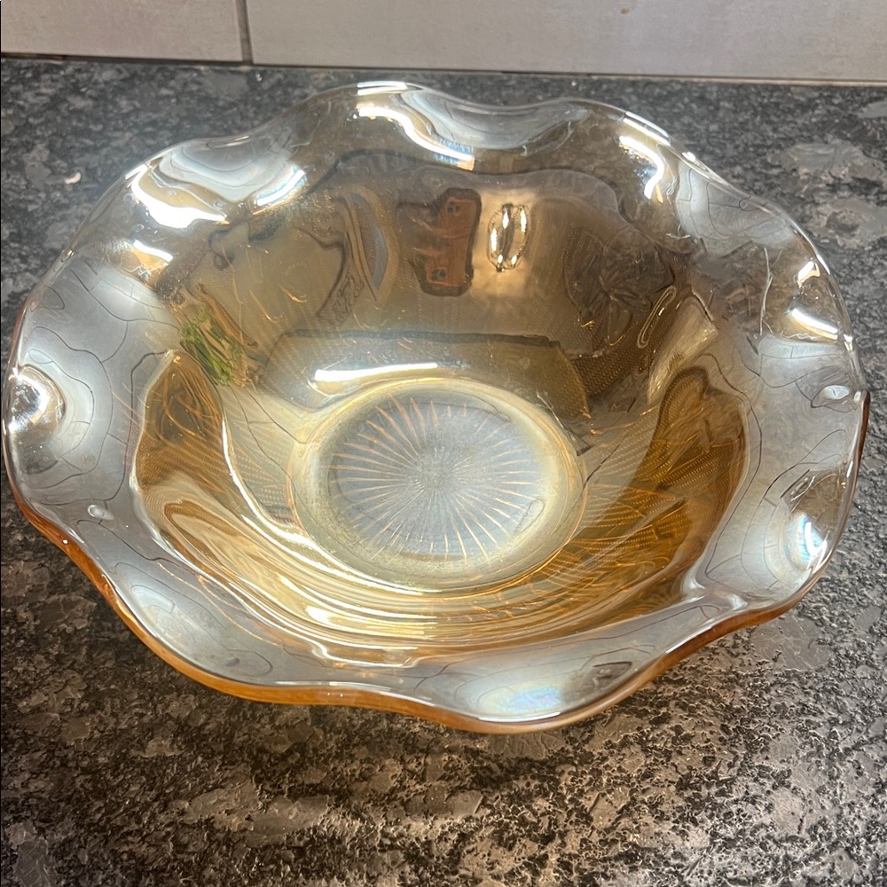 Carnival Glass by Jeannette Glass Amber Iridescent Glass Bowl Iris & Herringbone